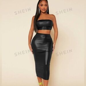SHEIN SXY PU Leather Crop Tube Top & Pencil Skirt Black Two Piece Set